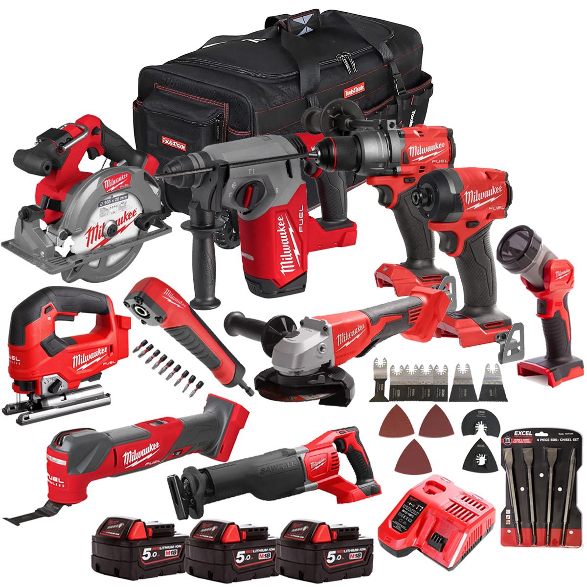 Milwaukee 18V 9 Piece Combo Kit with 3 x 5.0Ah Batteries & Charger & Accessory Set M18T4TKIT-4667