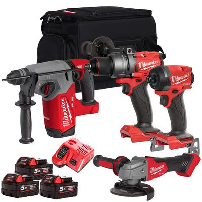 Milwaukee 18V Brushless 4 Piece Combo Kit with 3 x 5.0Ah Batteries & Charger M18T4TKIT-4689