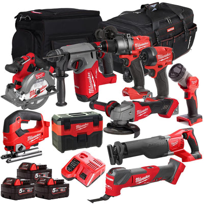 Milwaukee 18V 10 Piece Combo Kit with 3 x 5.0Ah Batteries & Charger M18T4TKIT-4707