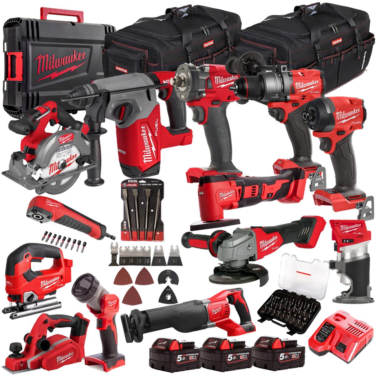 Milwaukee 18V 12 Piece Combo Kit with 3 x 5.0Ah Batteries & Charger & Accessory Set M18T4TKIT-4628