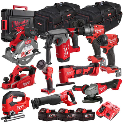 Milwaukee 18V 10 Piece Combo Kit with 3 x 5.0Ah Batteries & Charger M18T4TKIT-4637