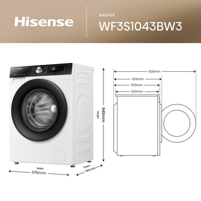 Hisense 3S Series WF3S1043BW3 WiFi-Enabled 10.5kg 1400 Spin Freestanding Washing Machine White